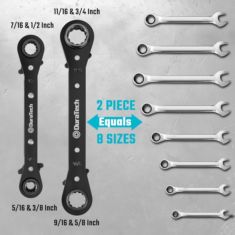 DURATECH 4-in-1 Reversible Ratcheting Wrench Set, Double Box End Wrench Set, 2-Piece, 5/16", 3/8", 7/16", 1/2", 9/16", 5/8", 11/16", 3/4", SAE - Image 2